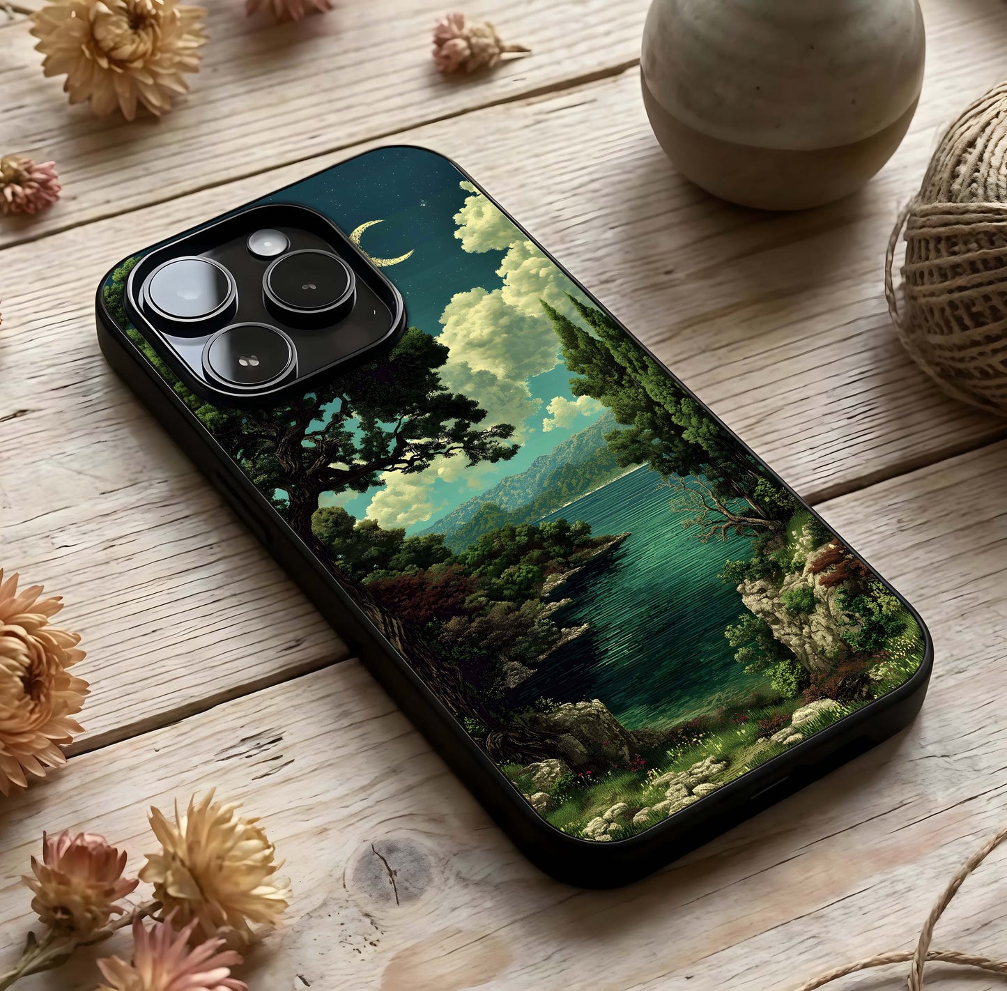 Celestial Lake Peace Glass Case photographed in natural light showing reflective finish and tranquil depth.