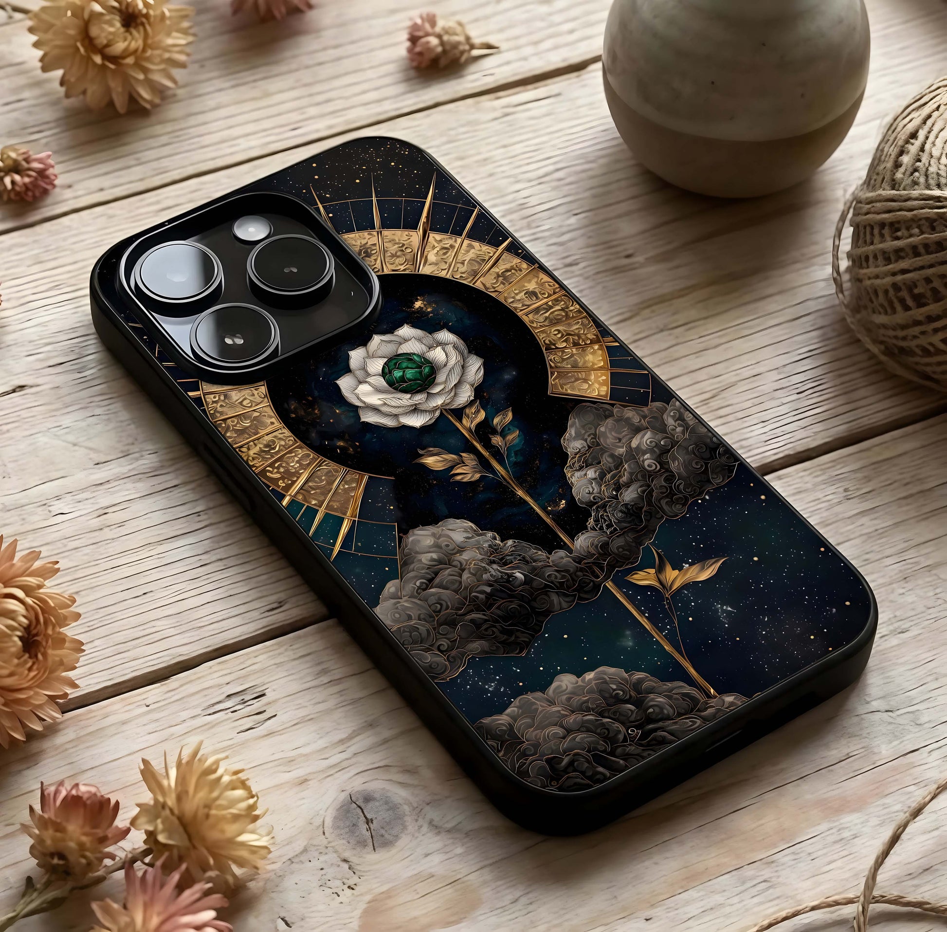 Celestial Lotus Morang Glass Case photographed in natural light showing reflective finish and serene depth.