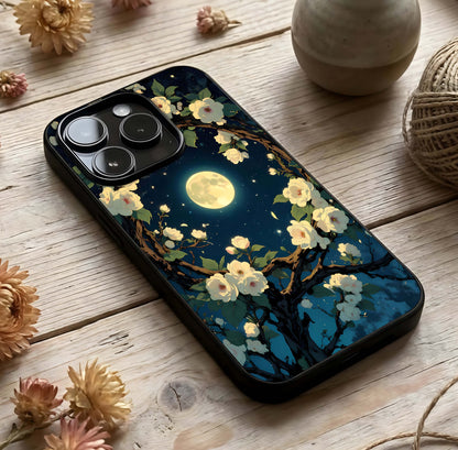 Celestial Moon & Flower Glass Case photographed in natural light showing reflective finish and poetic depth.