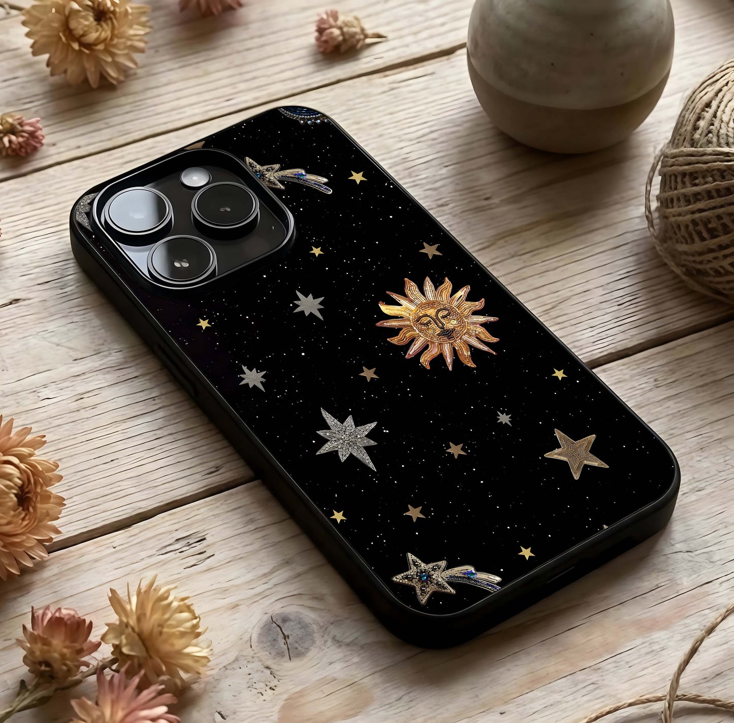 Celestial Moon With Stars Glass Case photographed in natural light showing reflective finish and stellar depth.