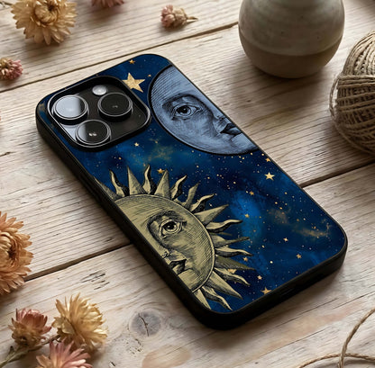 Celestial Moon With Sun Glass Case photographed in natural light showing reflective finish and radiant depth.