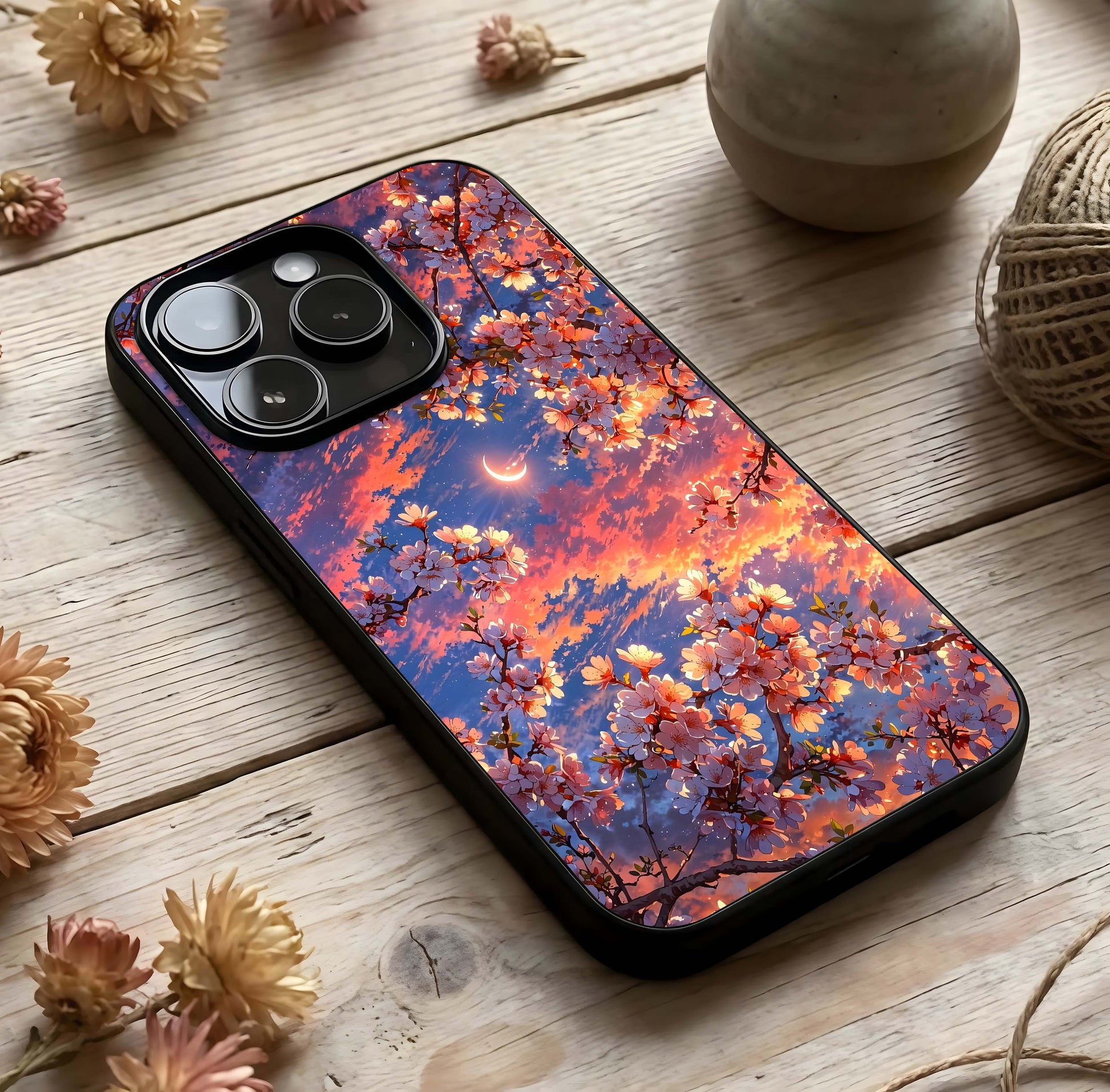 Celestial Sakura Sunset Glass Case photographed in natural light showing reflective finish and dreamy depth.