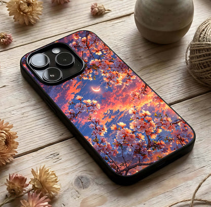 Celestial Sakura Sunset Glass Case photographed in natural light showing reflective finish and dreamy depth.