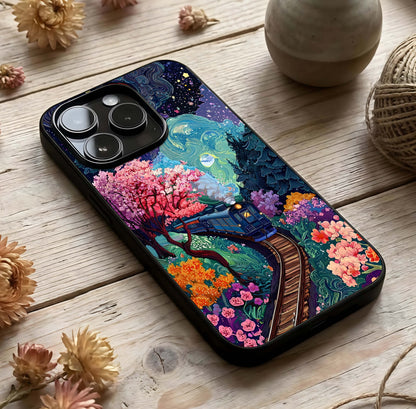 Celestial Train Journey Glass Case photographed in natural light showing reflective finish and journey depth.