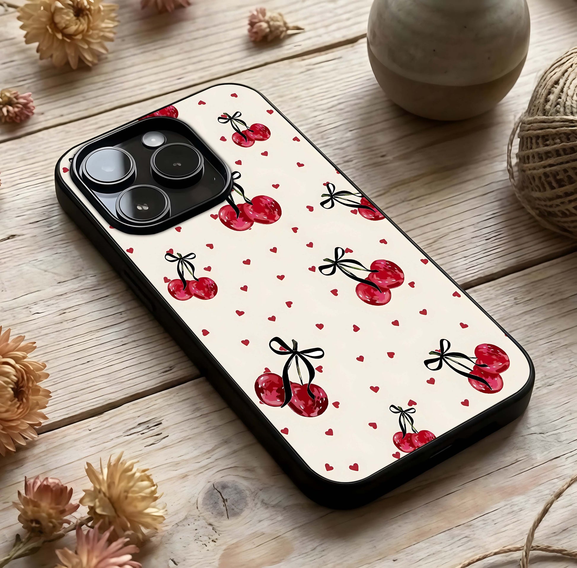 Cherry Heart Bow Glass Case photographed in natural light showing reflective finish and sweet depth.