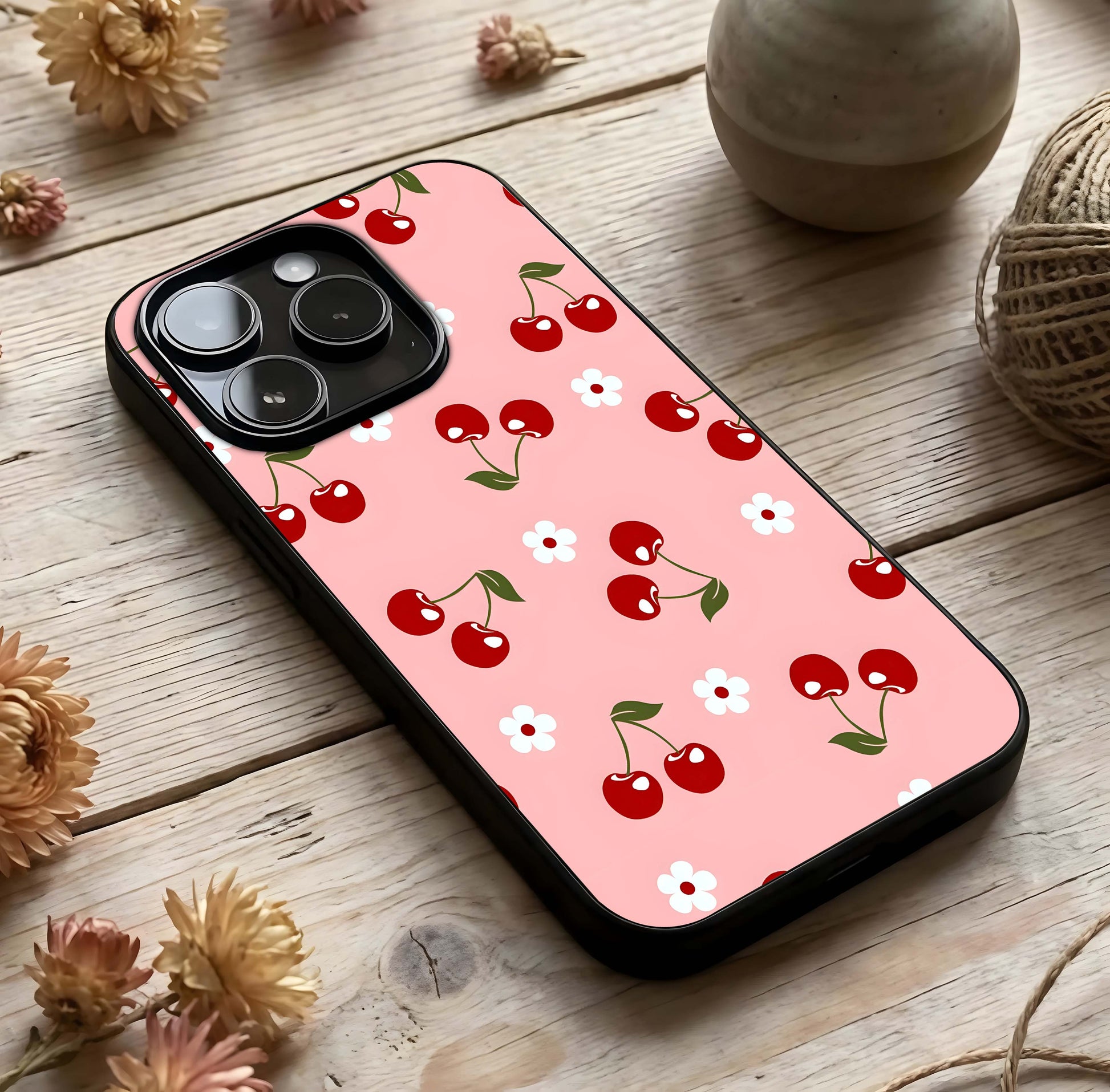 Cherry Love Mood Glass Case photographed in natural light showing reflective finish and gentle depth.