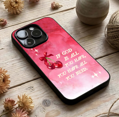 Cherry Quote Glass Case photographed in natural light showing reflective finish and clean depth.