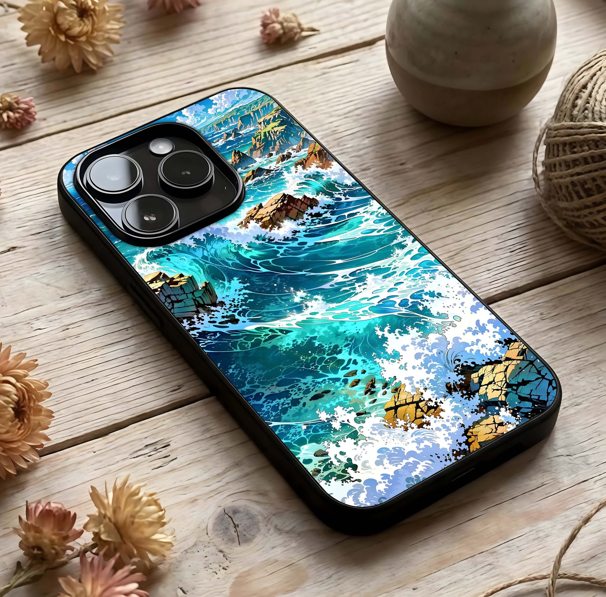 Coastal Blue Waves Glass Case photographed in natural light showing reflective finish and coastal depth.