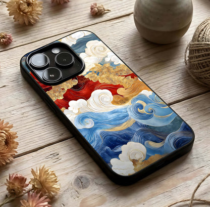 Colored Waves Glass Case photographed in natural light showing reflective finish and vibrant depth.