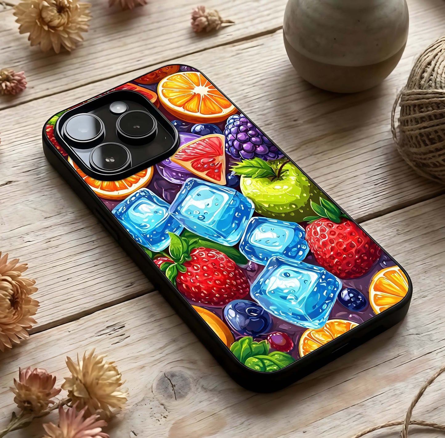 Colorful Fruits with Ice Glass Case photographed in natural light showing reflective finish and refreshing depth.