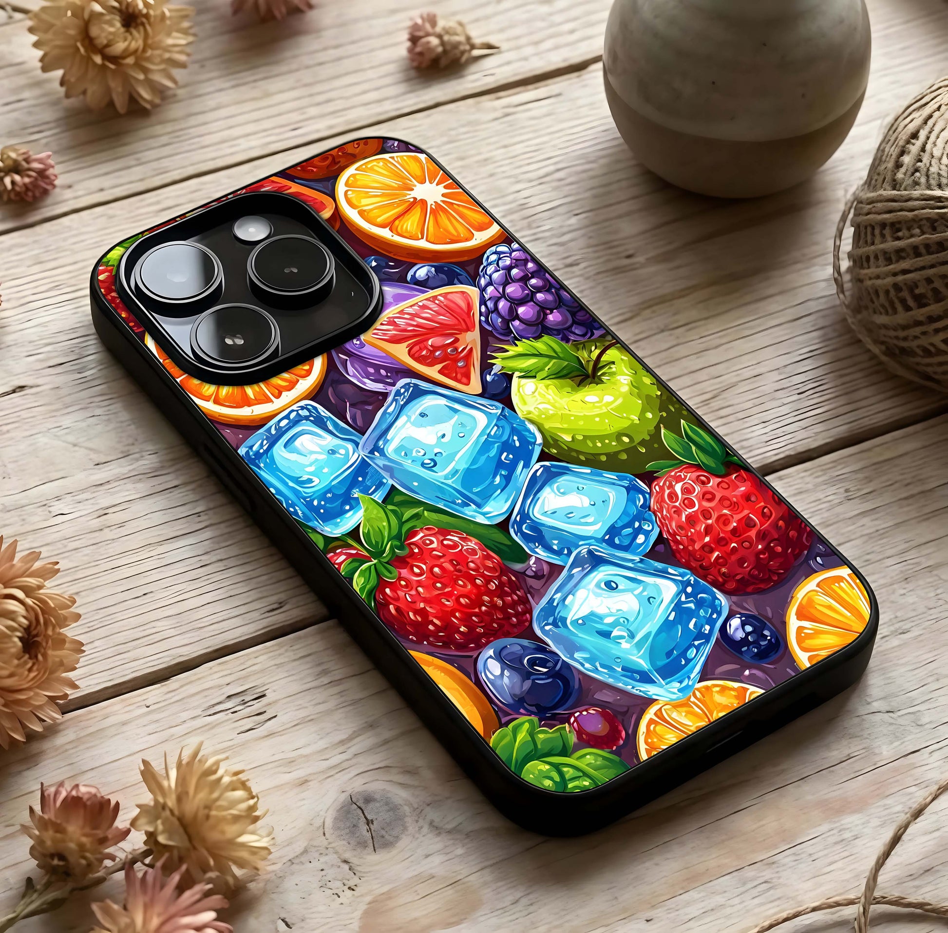 Colorful Fruits with Ice Glass Case photographed in natural light showing reflective finish and refreshing depth.