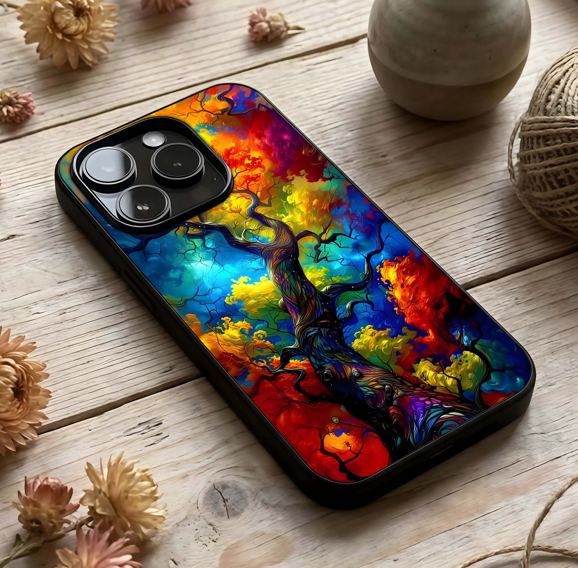 Colorful Tree Glass Case photographed in natural light showing reflective finish and lively depth.