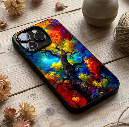 Colorful Tree Glass Case photographed in natural light showing reflective finish and lively depth.