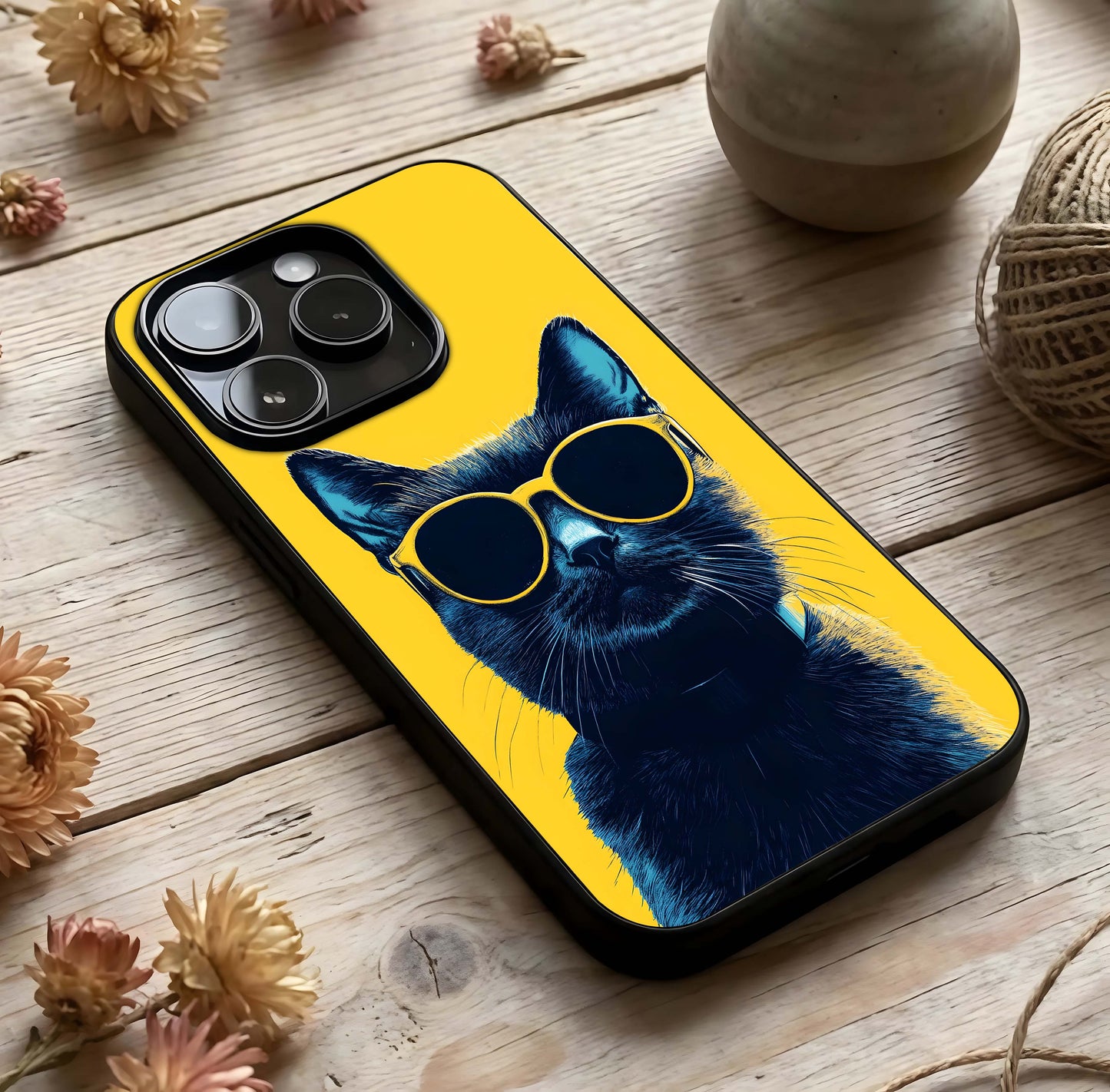 Cool Cat Vibes Glass Case photographed in natural light showing reflective finish and cool depth.
