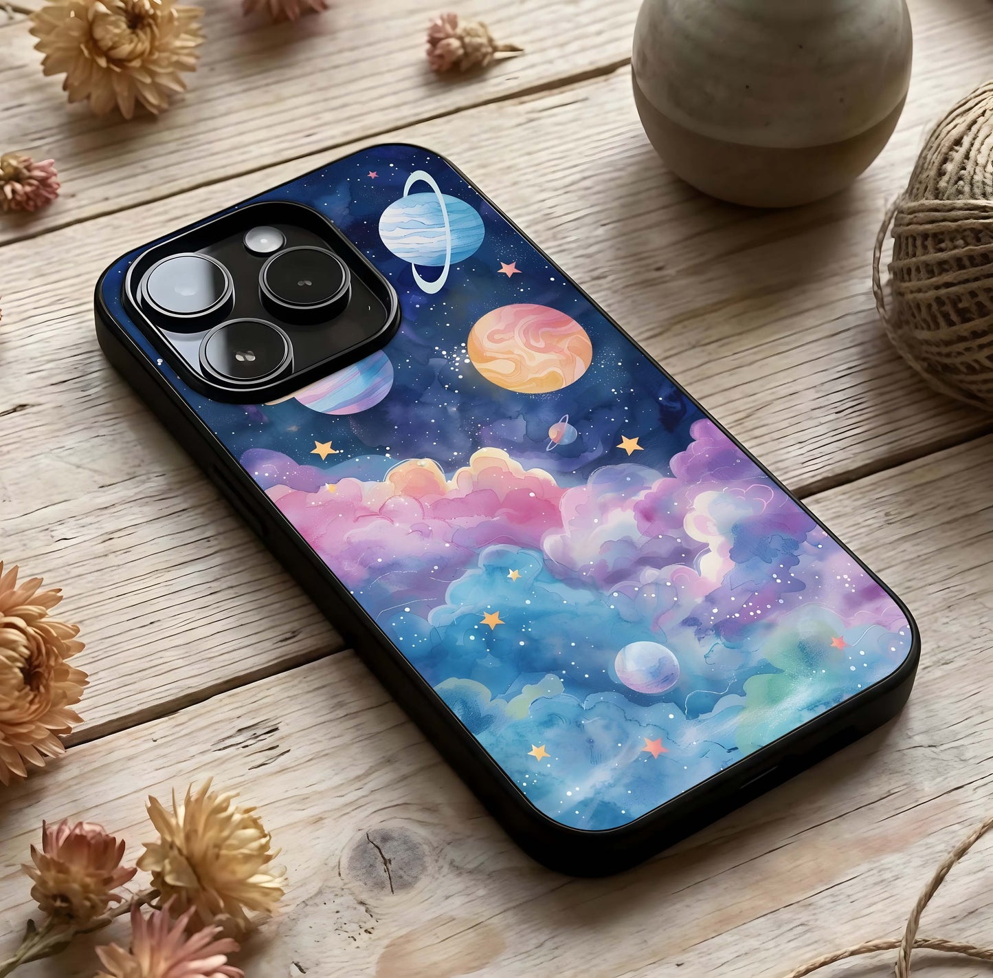 Cosmic Planet Dreams Glass Case photographed in natural light showing reflective finish and cosmic depth.