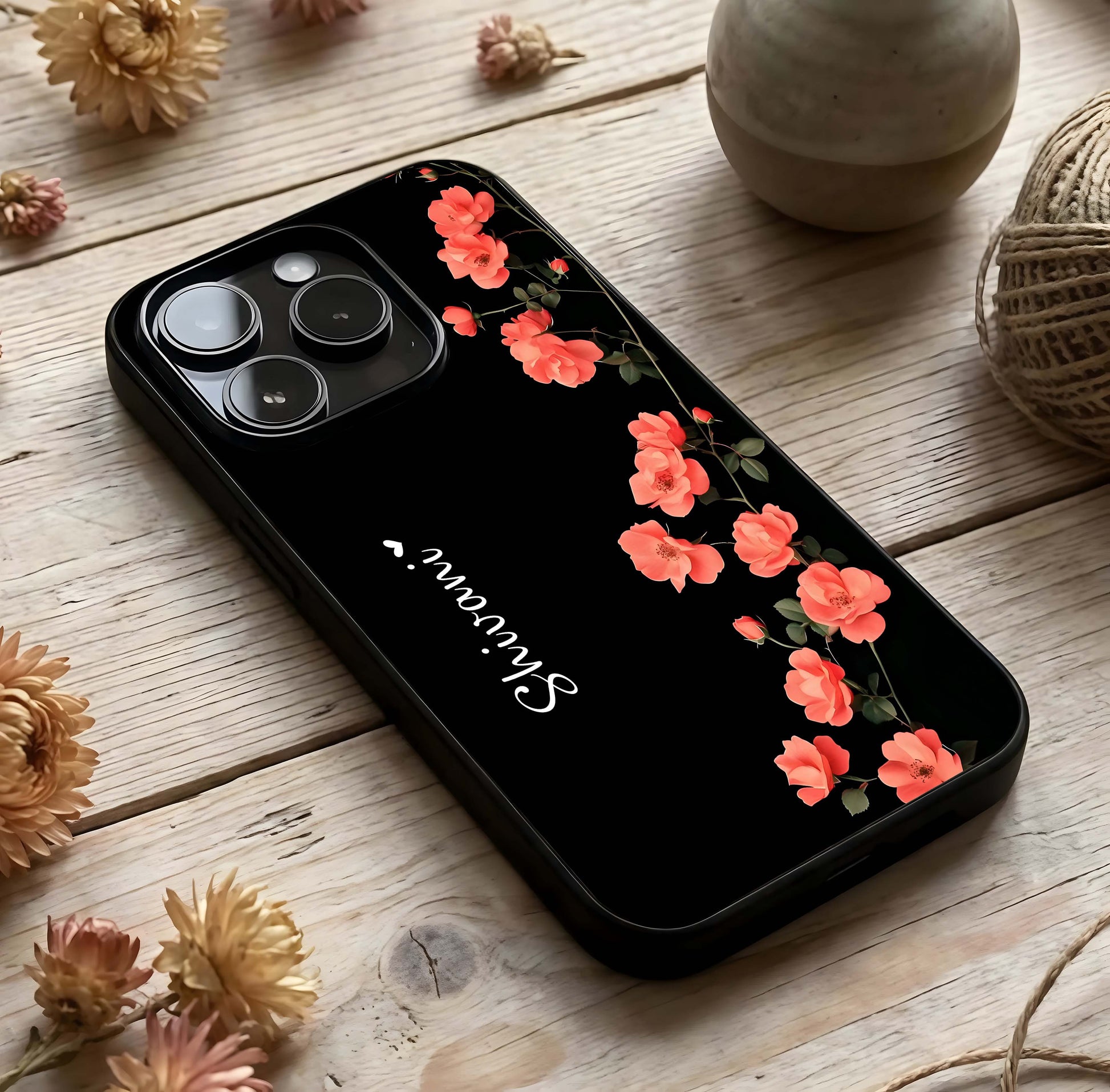 Crimson Bloom Grace Custom Name Glass Case photographed in natural light showing reflective finish and luxurious depth.