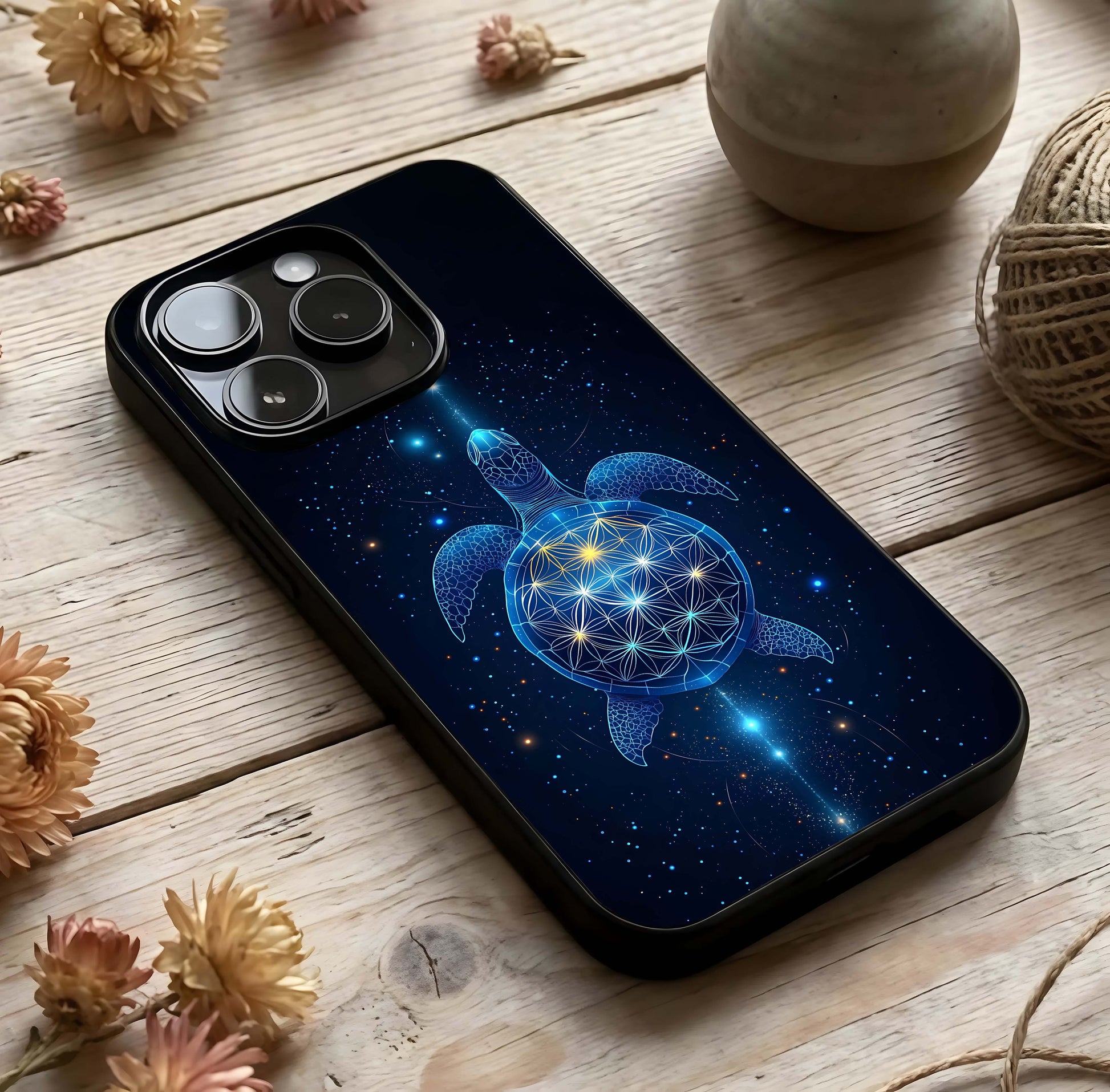 Crimson Blue Turtle Glass Case photographed in natural light showing reflective finish and balanced depth.