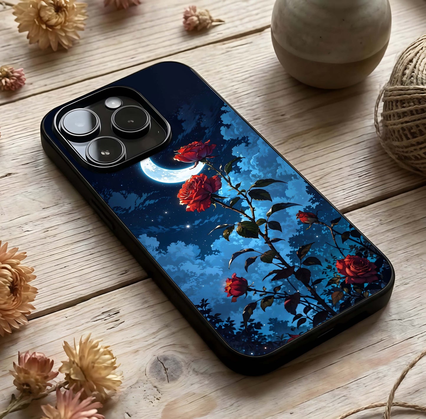 Crimson Rose Moon Glass Case photographed in natural light showing reflective finish and dreamy depth.