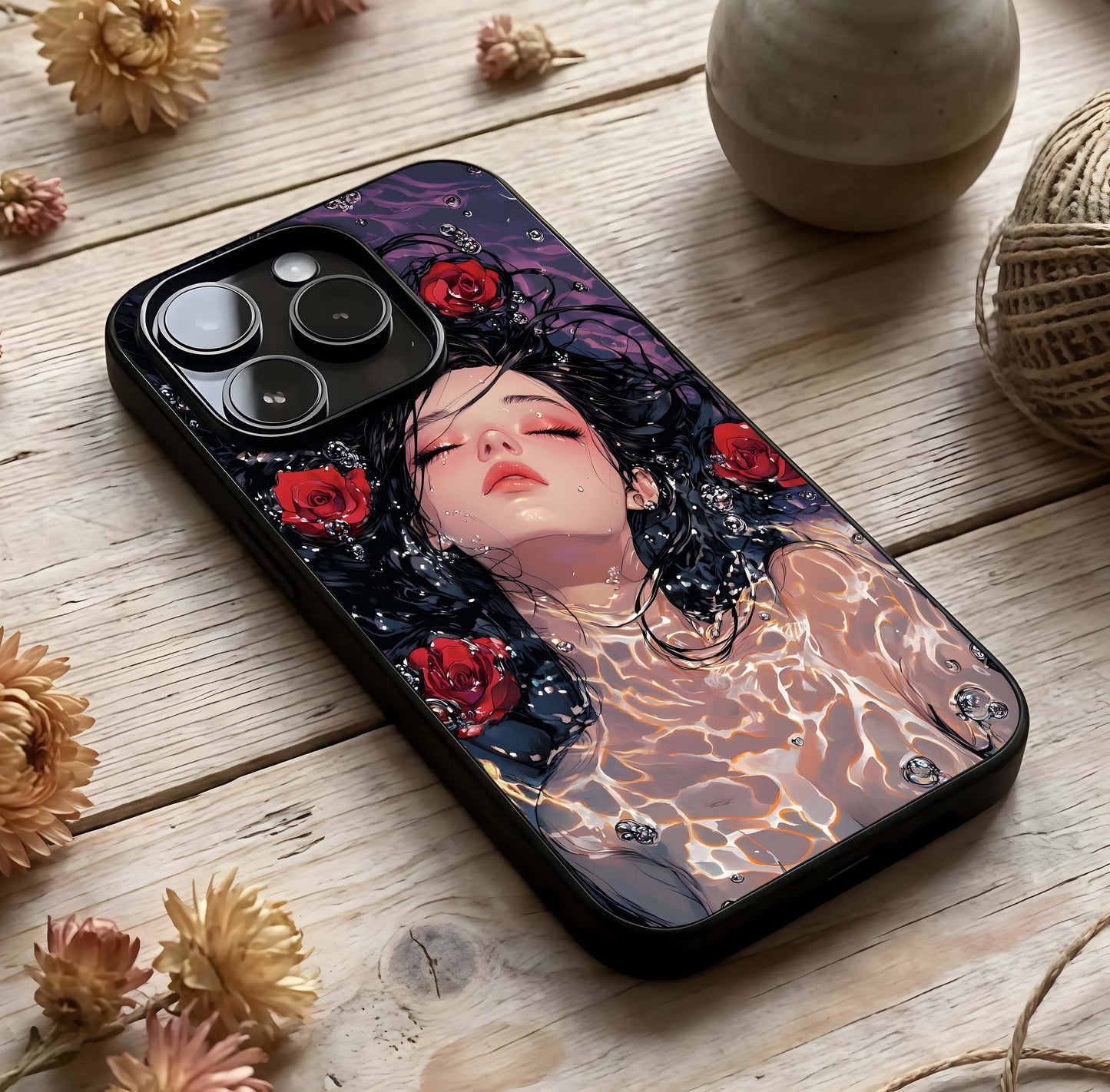 Crimson Rose Serenity Glass Case photographed in natural light showing reflective finish and peaceful depth.
