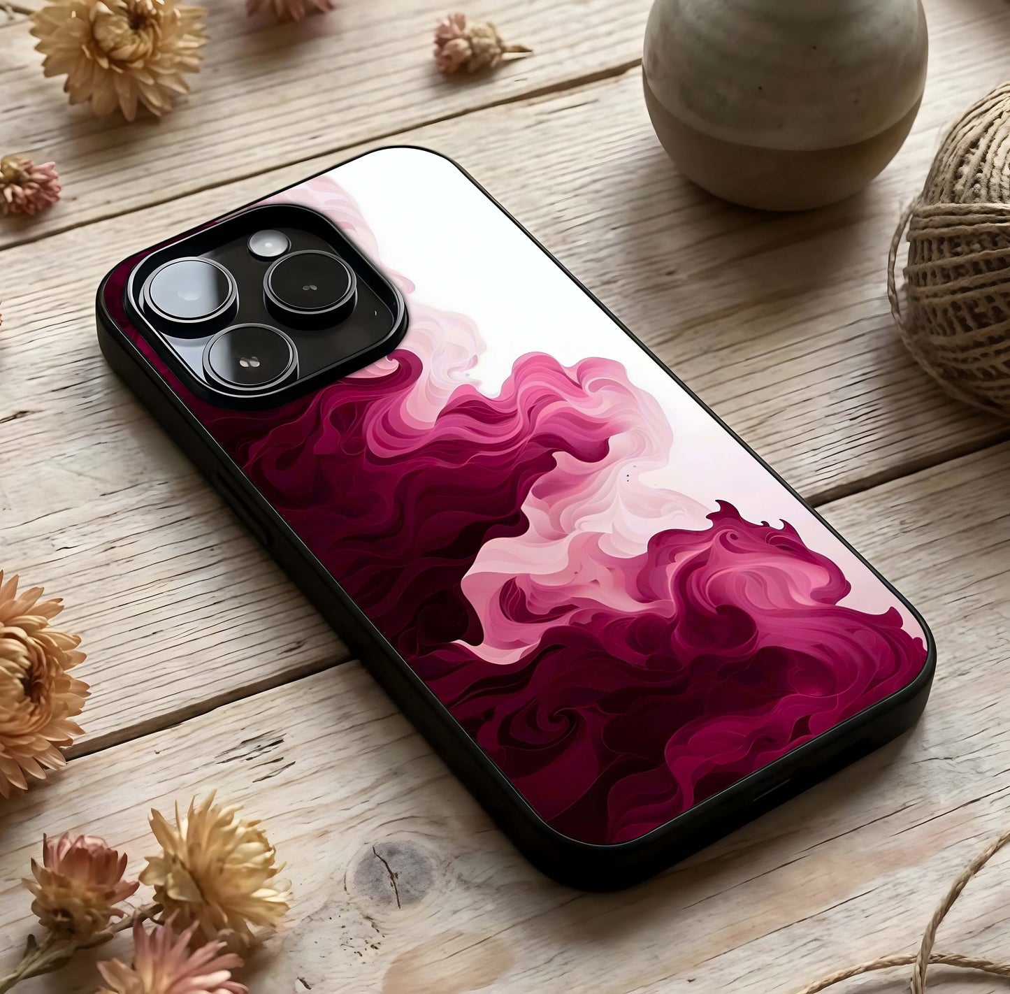 Crimson Wave Flow Glass Case photographed in natural light showing reflective finish and energetic depth.