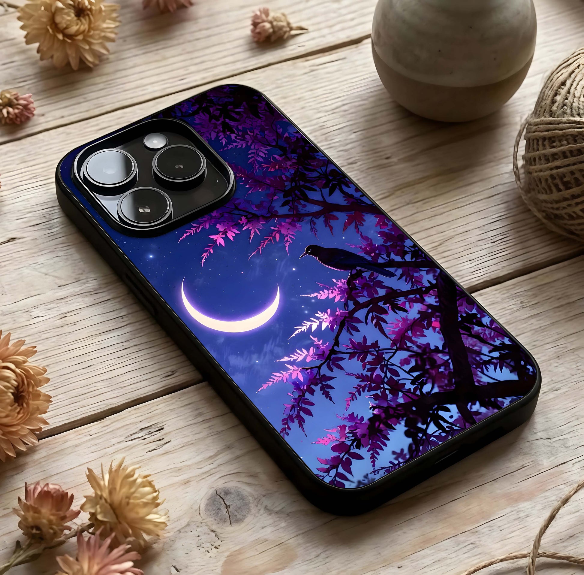 Crow & Moon Scenery Glass Case photographed in natural light showing reflective finish and mystical depth.