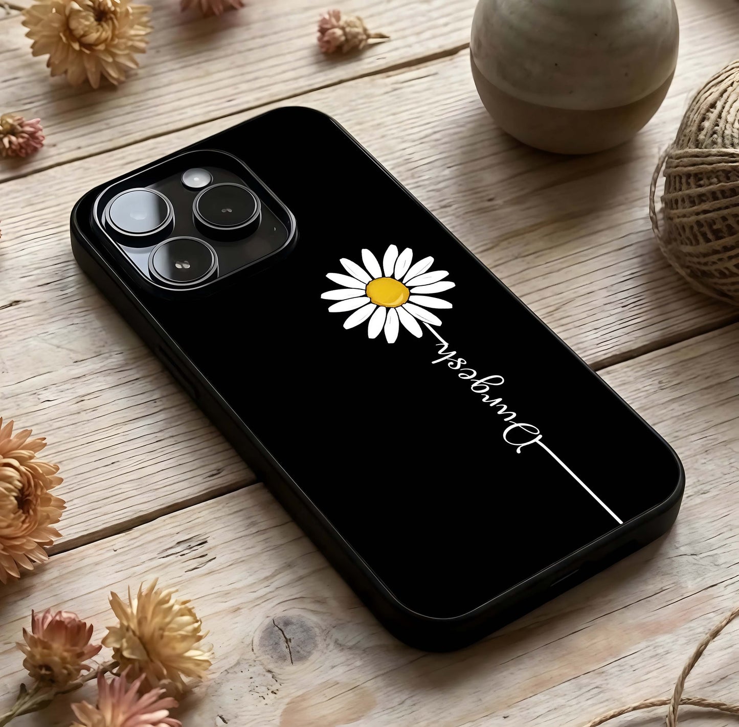 Custom Name White Flower Glass Case photographed in natural light showing reflective finish and graceful depth.