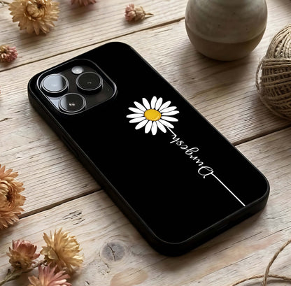 Custom Name White Flower Glass Case photographed in natural light showing reflective finish and graceful depth.