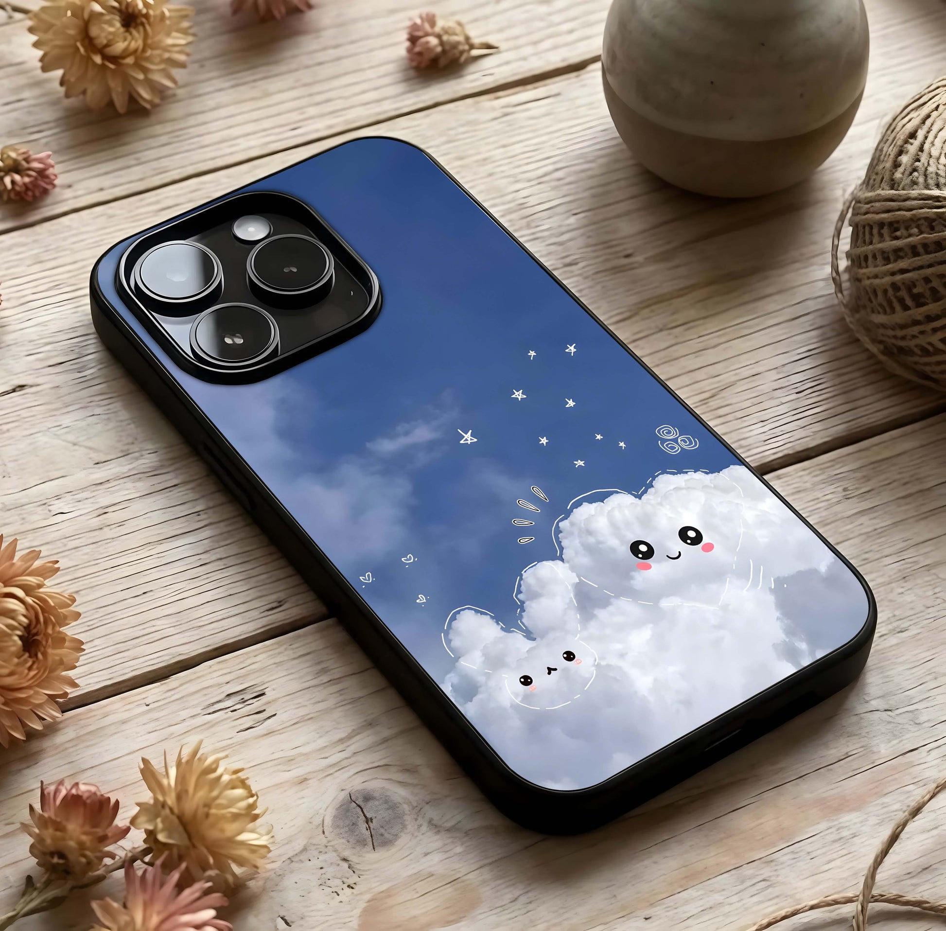 Cute Blossom Cloud Glass Case photographed in natural light showing reflective finish and dreamy depth.