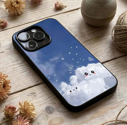 Cute Blossom Cloud Glass Case photographed in natural light showing reflective finish and dreamy depth.