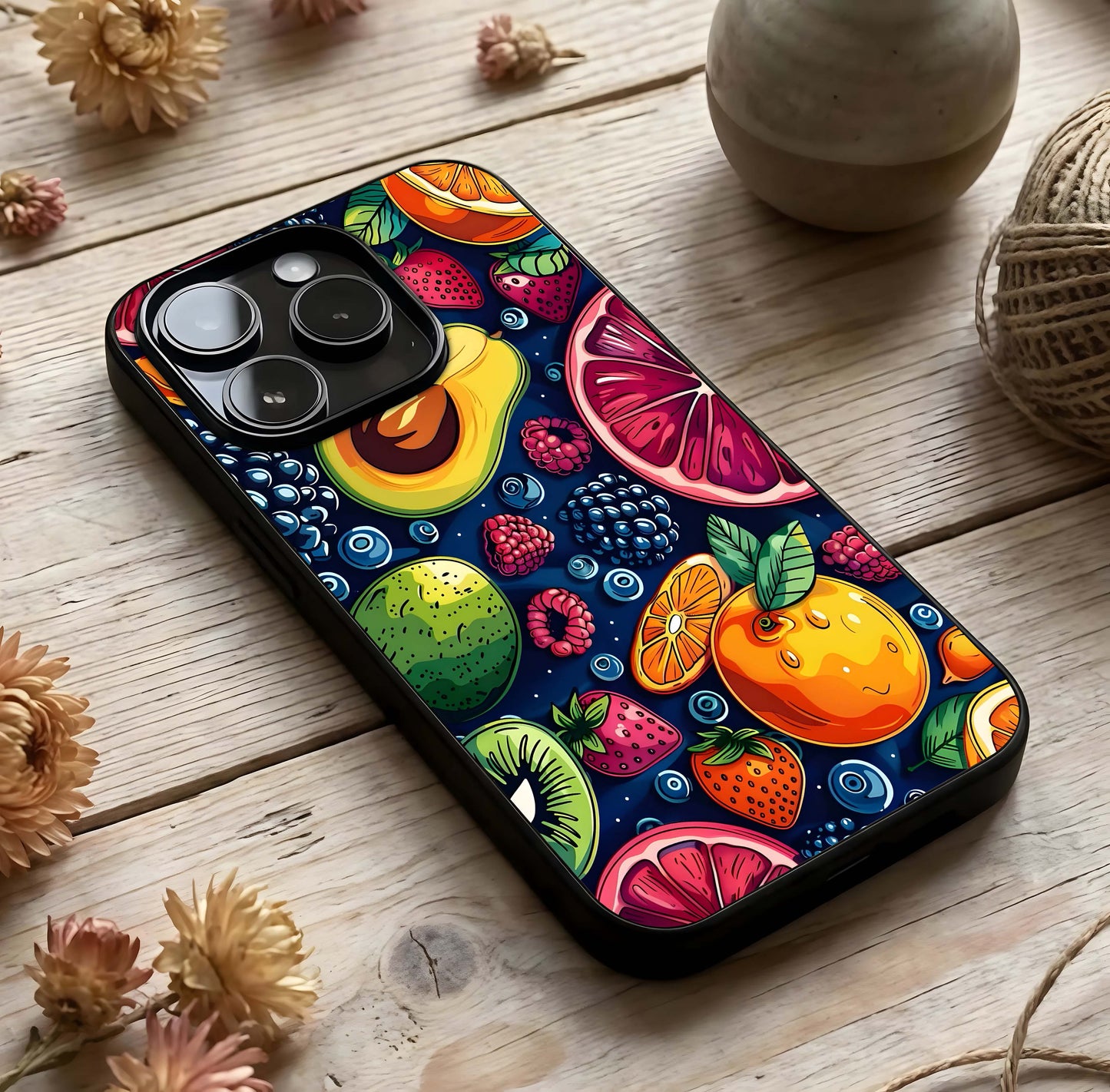 Cute Fruits Art Glass Case photographed in natural light showing reflective finish and cheerful depth.