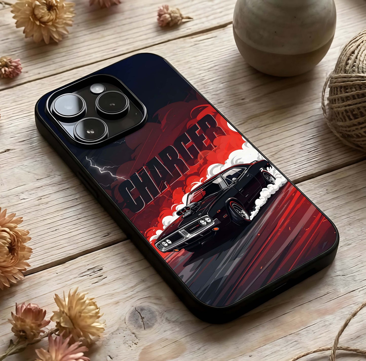 Dark Charger Fury Glass Case photographed in natural light showing reflective finish and fierce depth.