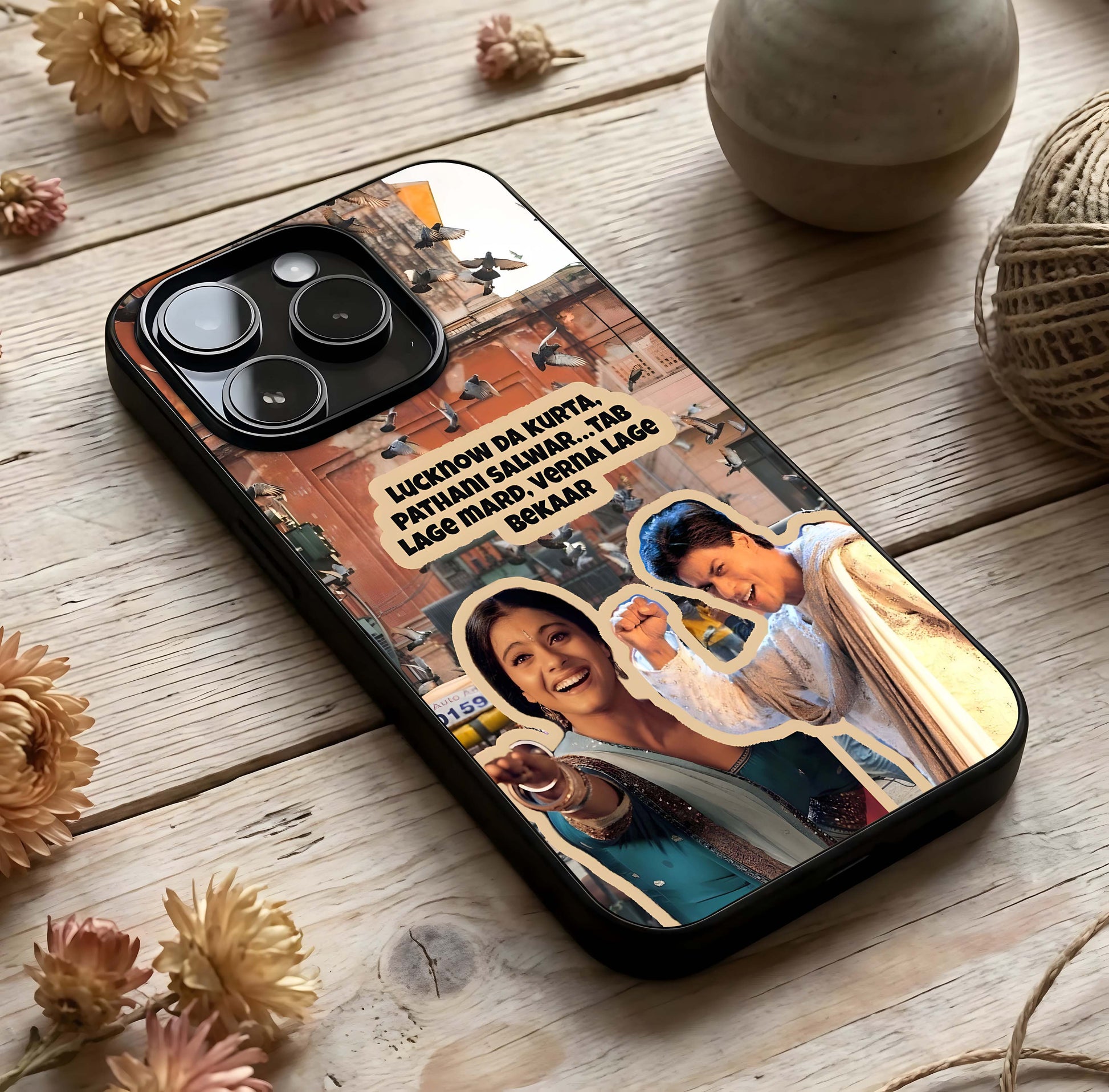 Desi Retro Vibes Glass Case photographed in natural light showing reflective finish and retro depth.