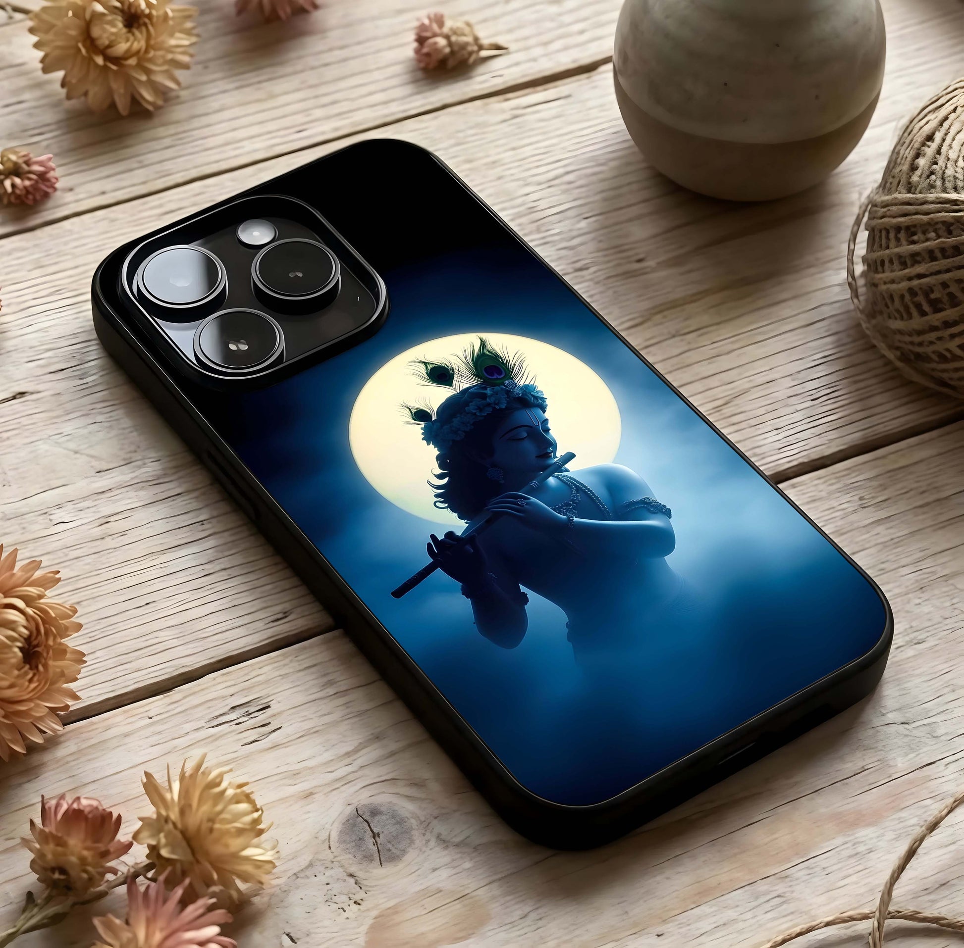 Divine Moon Flute Glass Case photographed in natural light showing reflective finish and mystical depth.