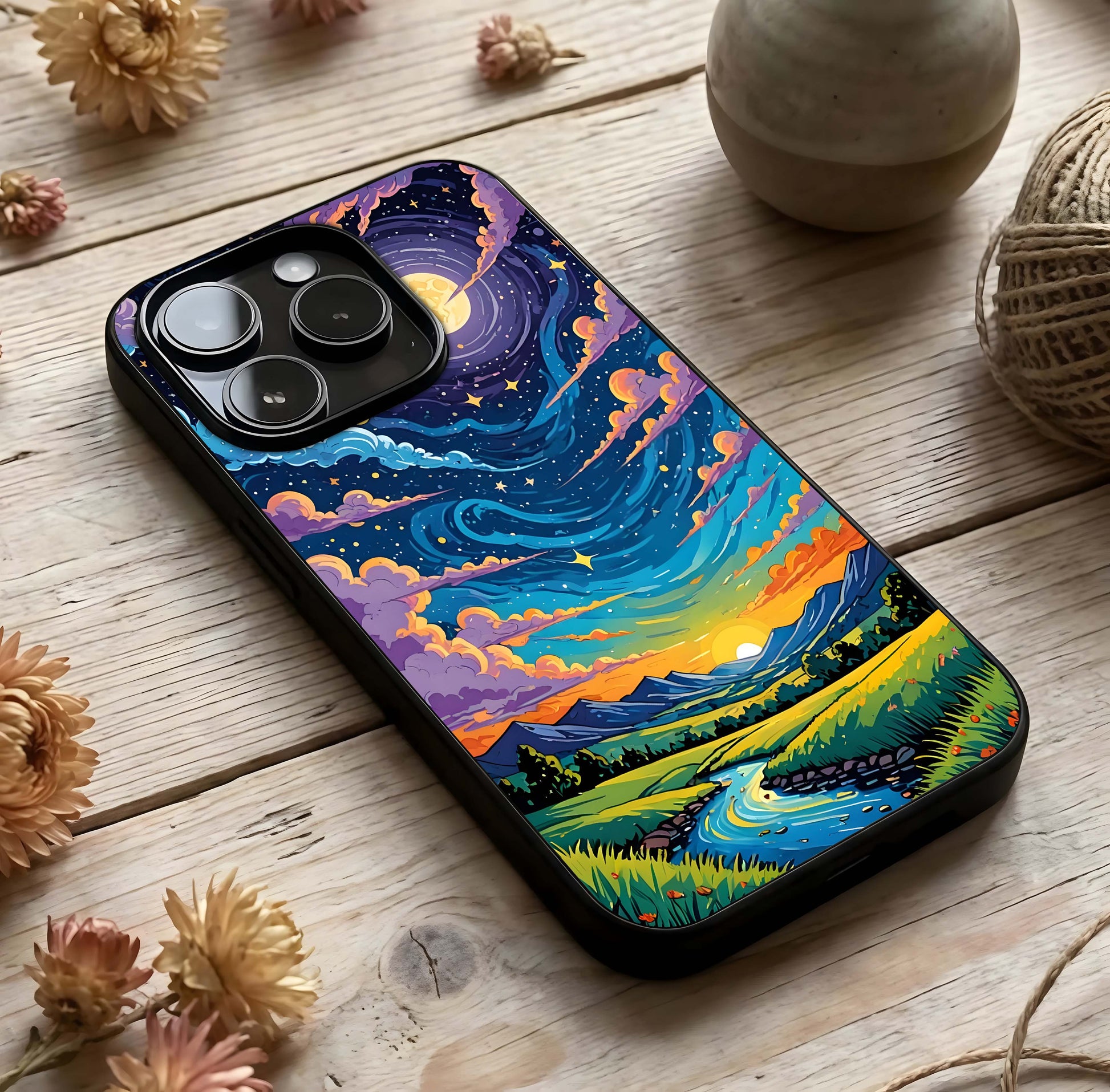 Dreamy Night Landscape Glass Case photographed in natural light showing reflective finish and calm depth.