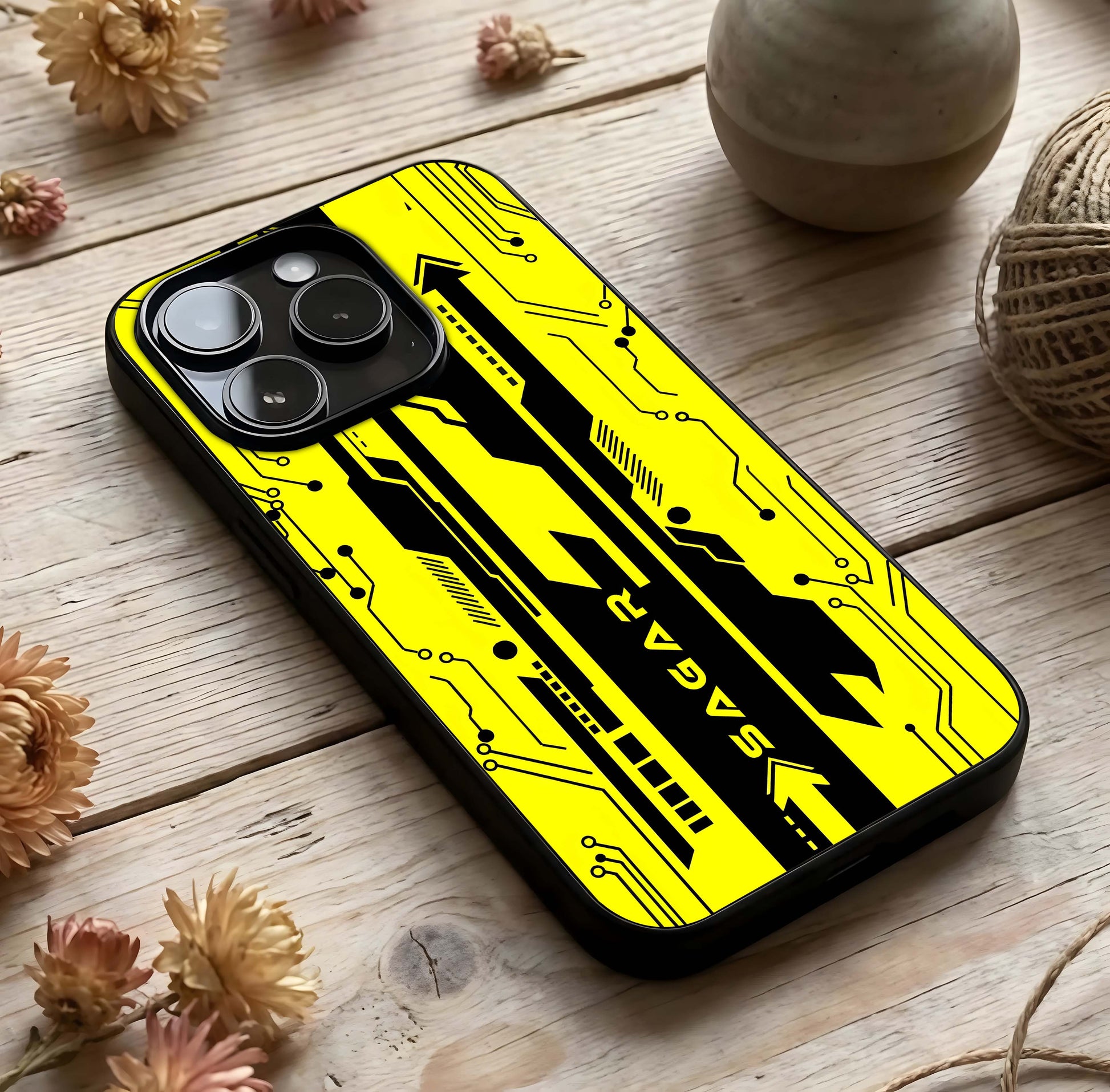 Electric Pulse Cyberpunk Custom Name Glass Case photographed in natural light showing reflective finish and tech depth.