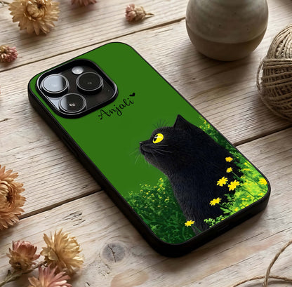 Emerald Cat Custom Name Glass Case photographed in natural light showing reflective finish and elegant depth.