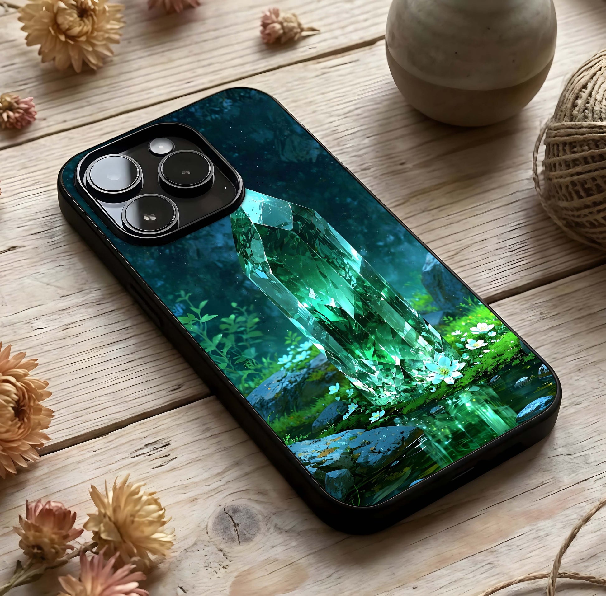 Emerald Light Crystal Glass Case photographed in natural light showing reflective finish and crystal depth.