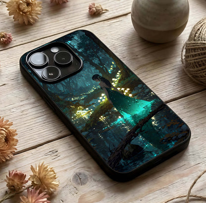 Enchanted Forest Glow Glass Case photographed in natural light showing reflective finish and mystical depth.
