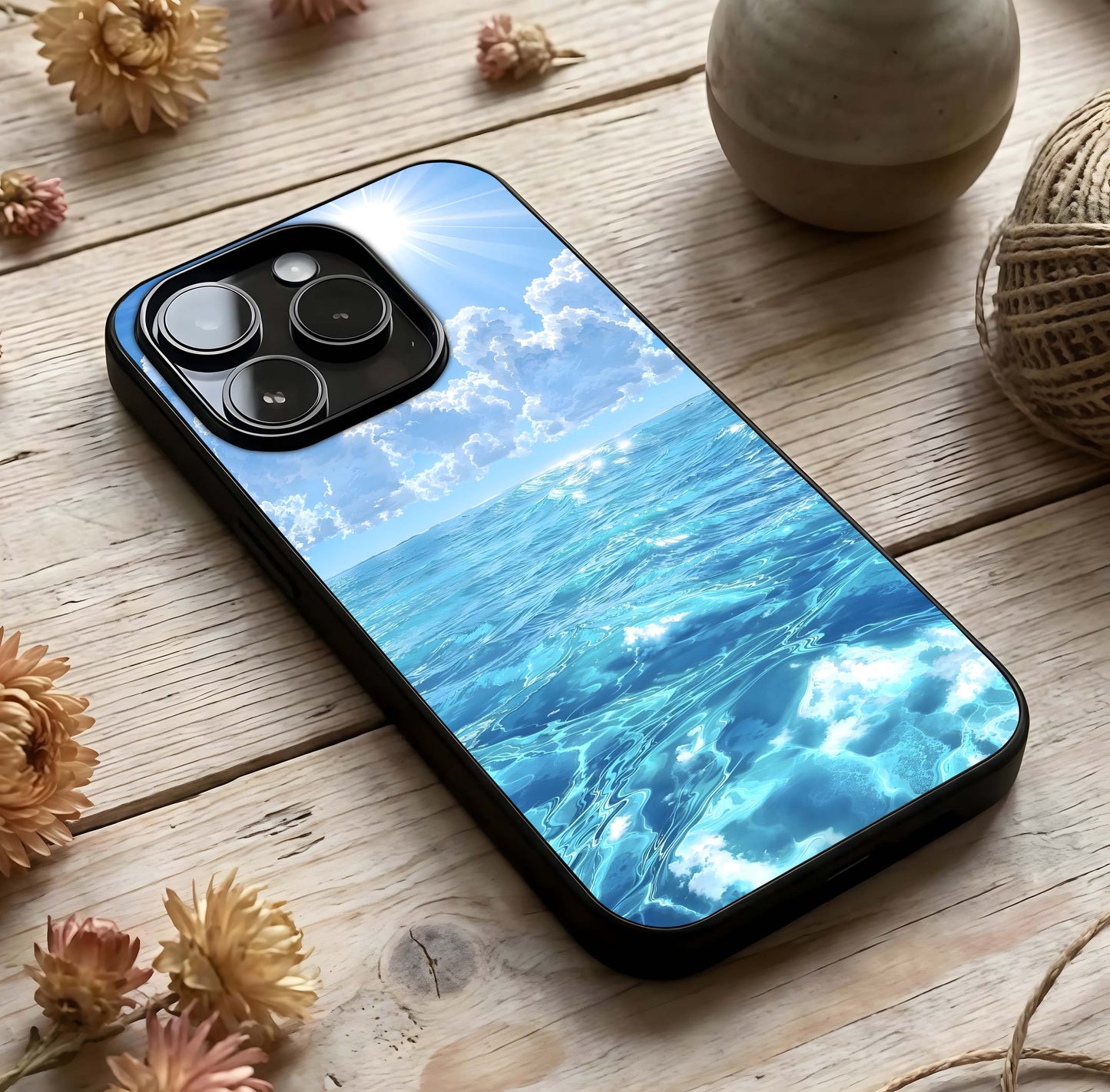 Endless Ocean Horizon Glass Case photographed in natural light showing reflective finish and tranquil depth.