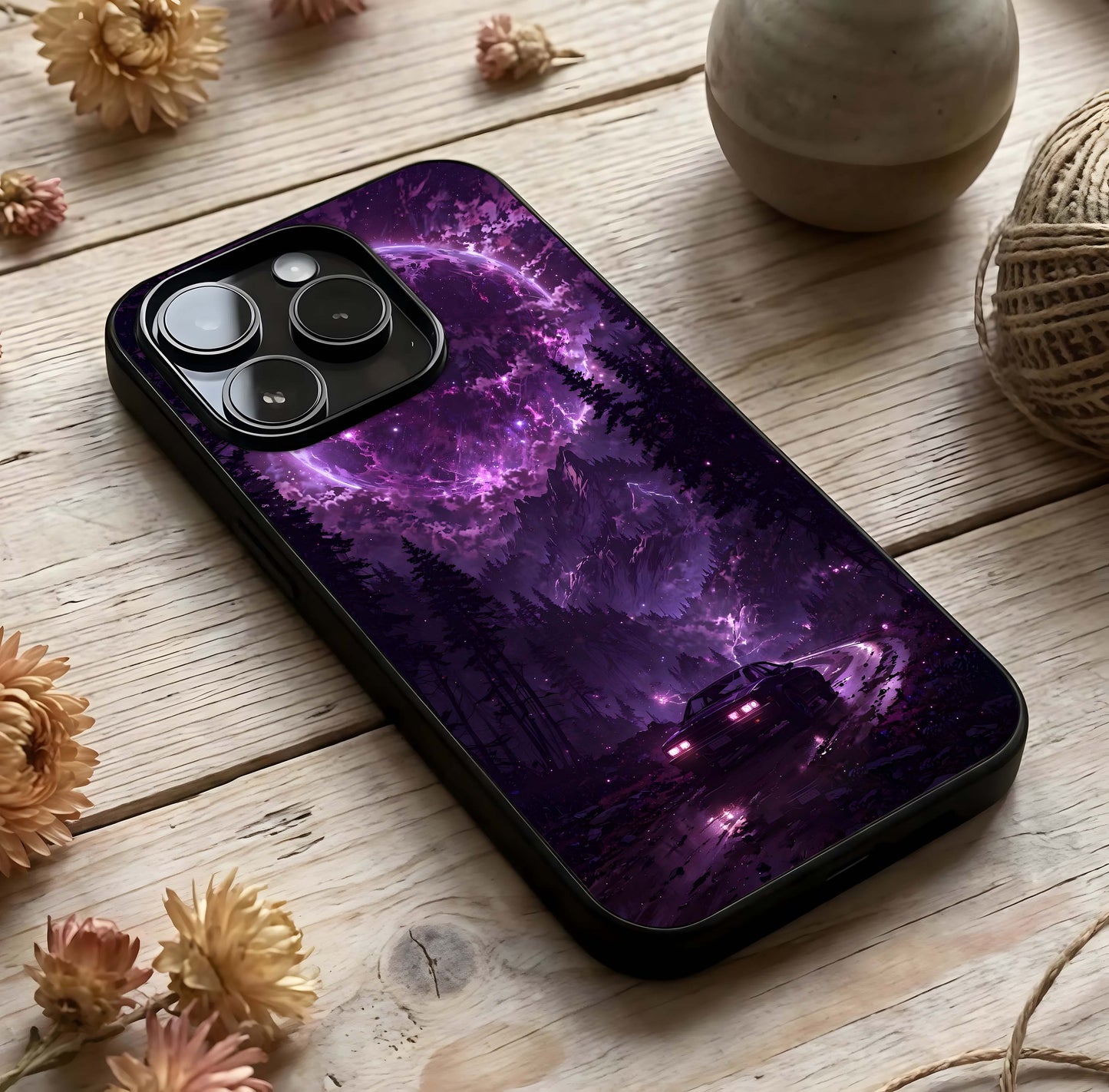 Eternal Cosmic Drive Glass Case photographed in natural light showing reflective finish and cosmic depth.