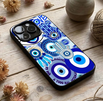 Evil Eyes Dream Glass Case photographed in natural light showing reflective finish and mystical depth.