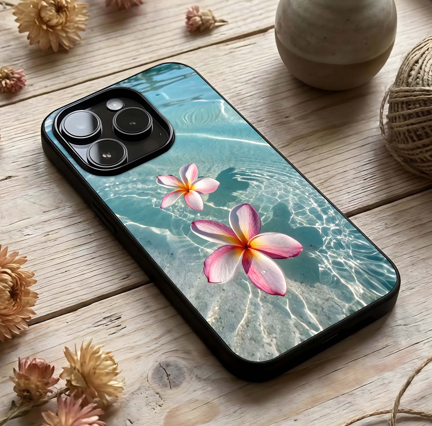 Floating Bloom Bliss Glass Case photographed in natural light showing reflective finish and blissful depth.