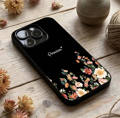 Floral Design Personalized Custom Name Glass Case photographed in natural light showing reflective finish and personalized depth.