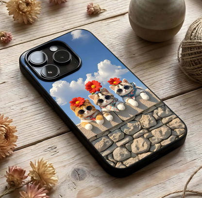 Floral Kitty Squad Glass Case photographed in natural light showing reflective finish and cheerful depth.
