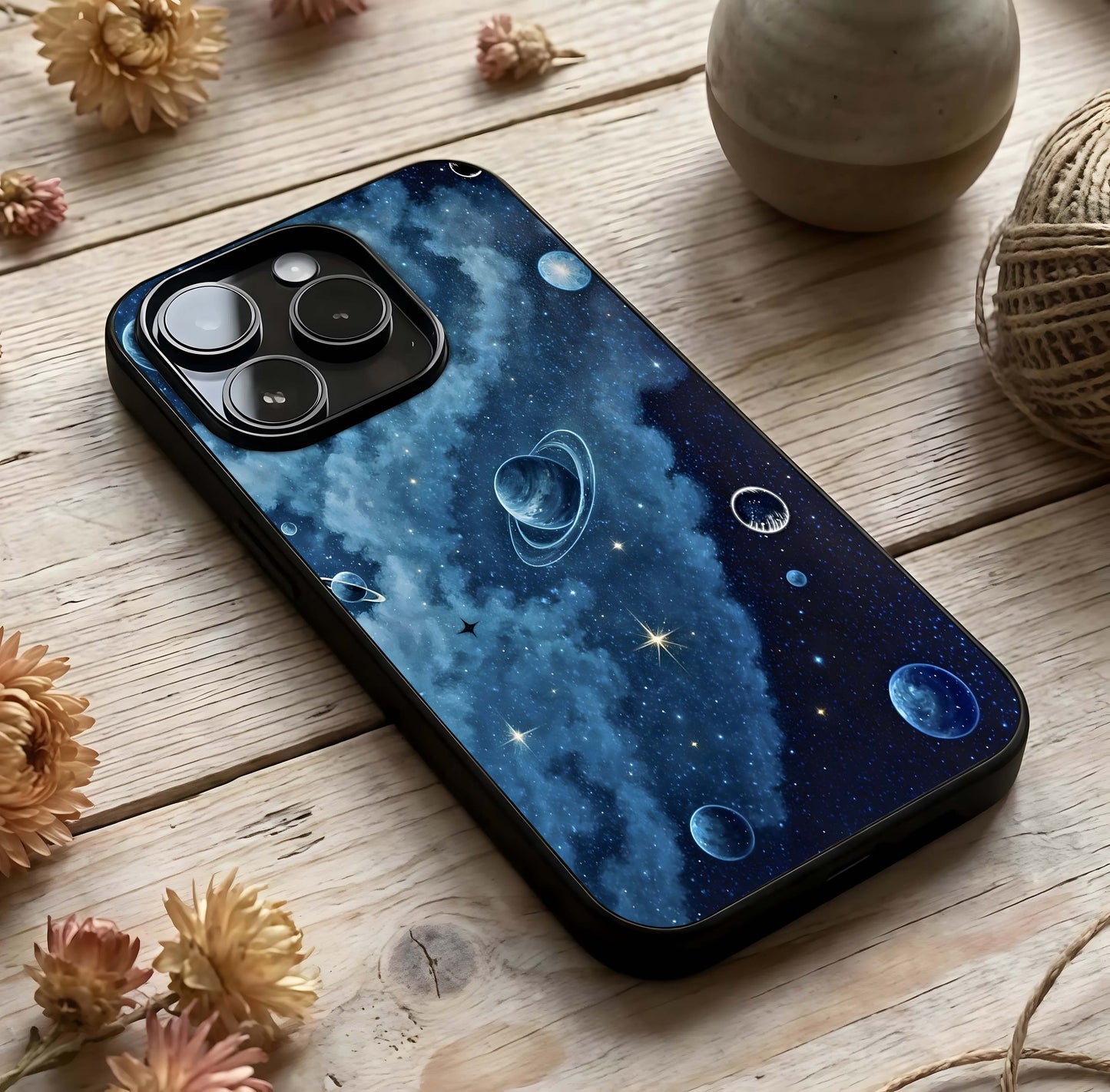 Galaxy Dream Space Glass Case photographed in natural light showing reflective finish and infinite depth.