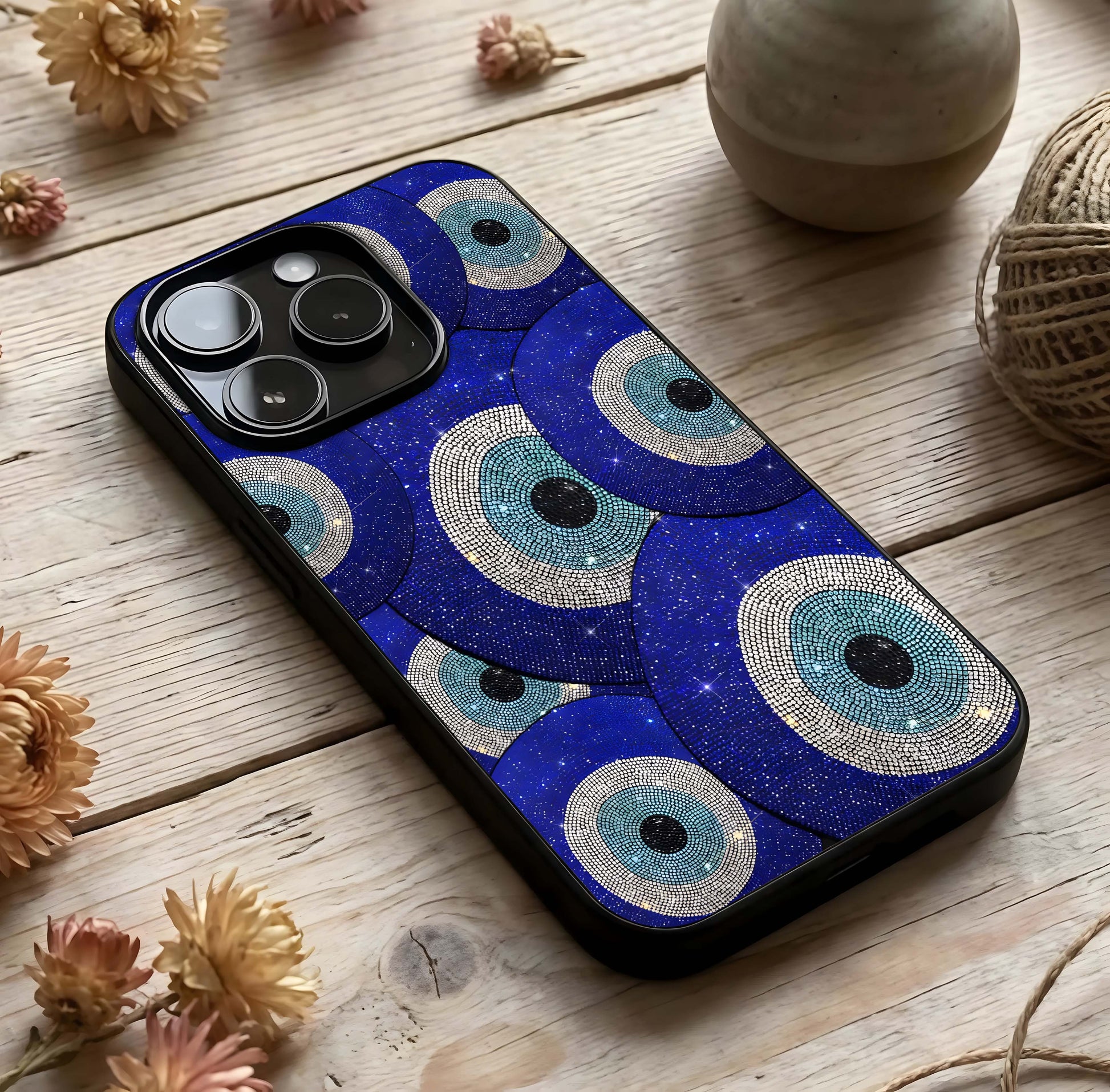 Galaxy Eye Flow Glass Case photographed in natural light showing reflective finish and mystical depth.