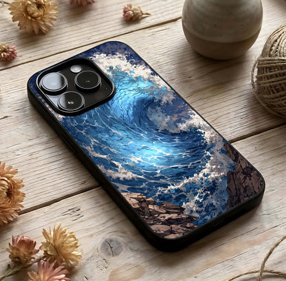 Giant Ocean Wave Glass Case photographed in natural light showing reflective finish and dynamic depth.