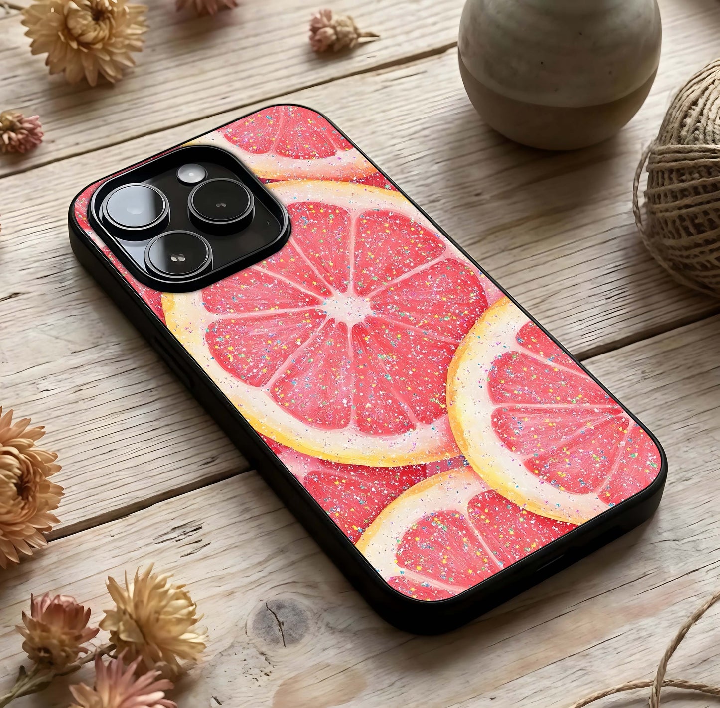 Glitter Grapefruit Glass Case photographed in natural light showing reflective finish and zesty depth.