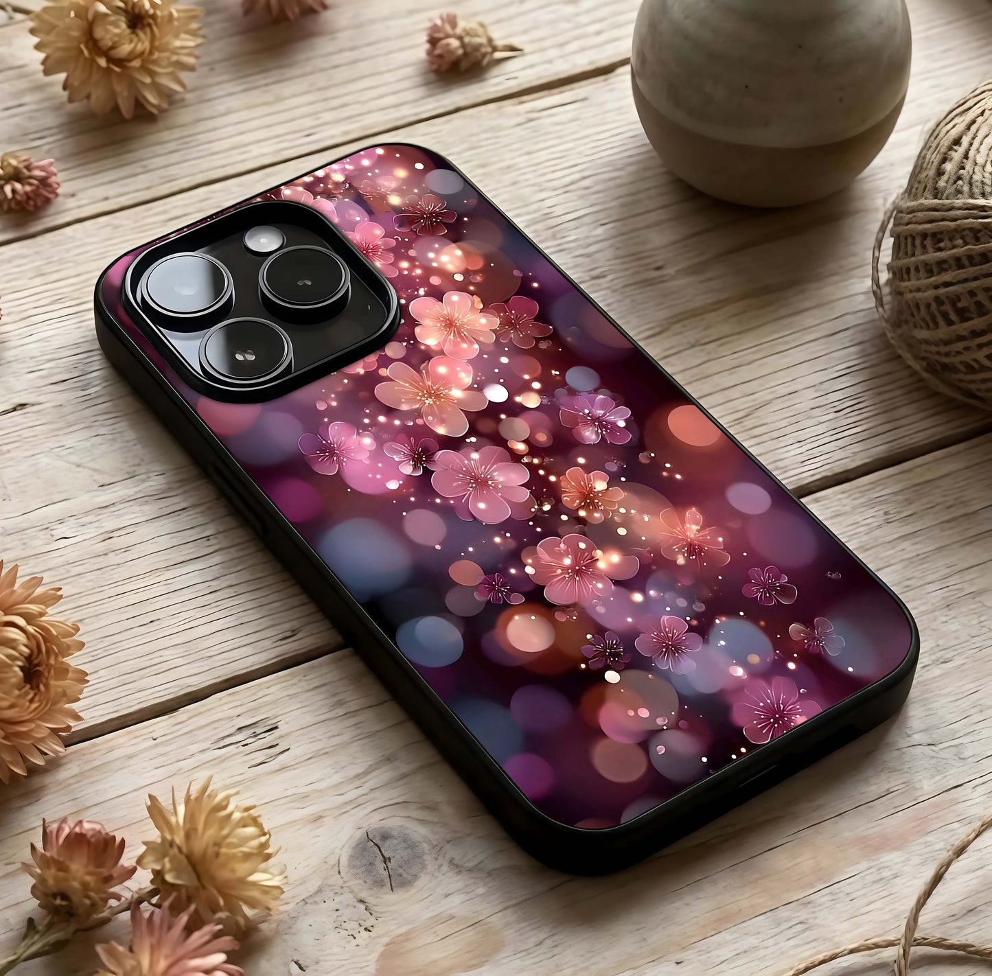 Glowing Petal Bliss Glass Case photographed in natural light showing reflective finish and serene depth.
