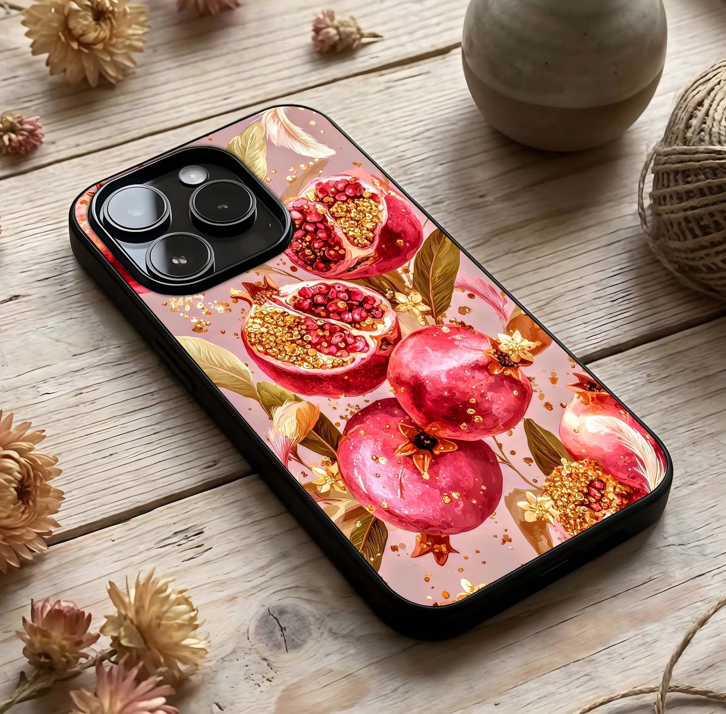 Golden Bloom Glow Glass Case photographed in natural light showing reflective finish and luxurious depth.